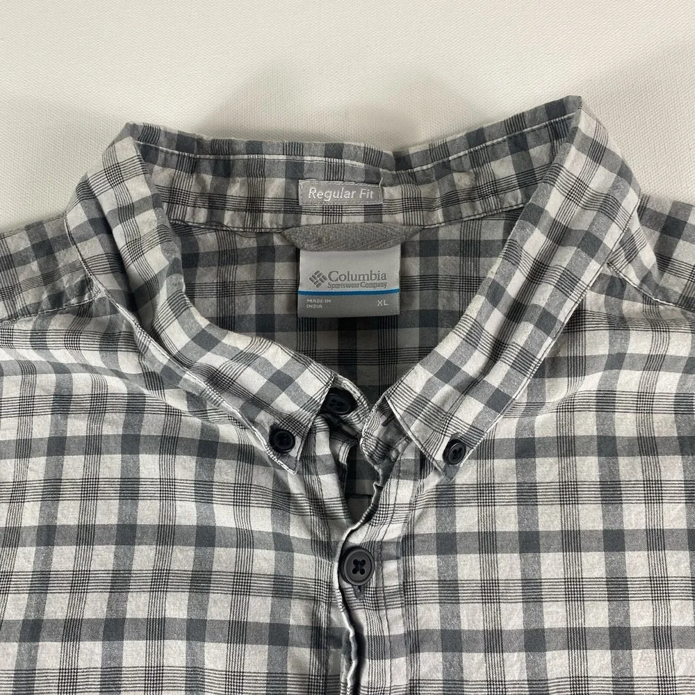 Columbia Button Down Shirt Mens XL Grey‎ White Check Cotton Stretch Short Sleeve